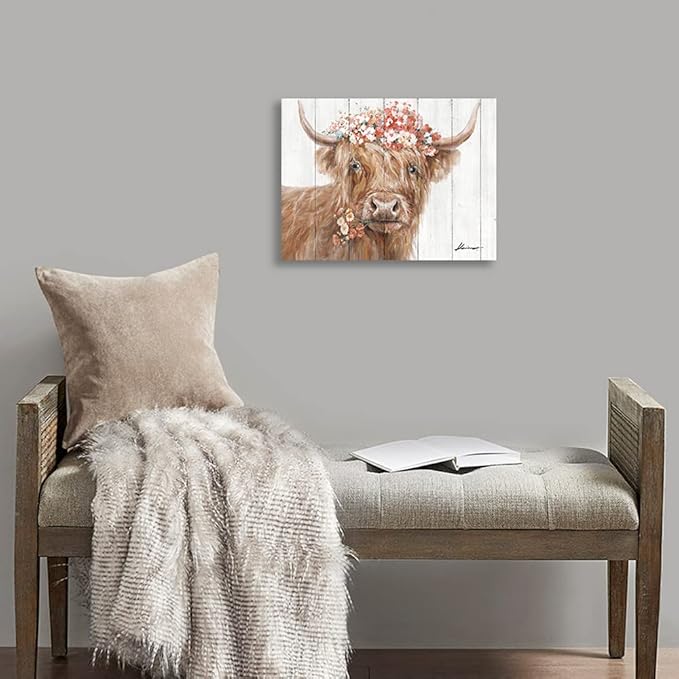 Yidepot Highland Cow Decor for Farmhouse: Retro Scottish Calf pictures hold Flowers Inspirational Quote Canvas Wall Art for boy's bedroom Kitchen Framed Ready to Hang Size 12"x15"