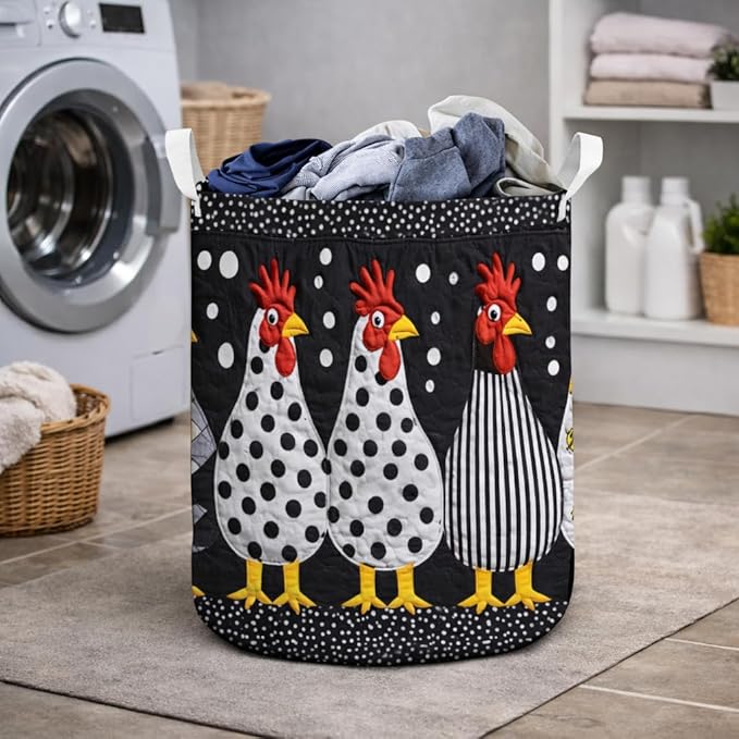 Patchwork Chicken Laundry Basket, Farm Chicken Quilt Laundry Hamper, Rustic Country Textile Clothes Storage Bin, Farmhouse Room Organizer, Vintage Farm Animal Home Decor
