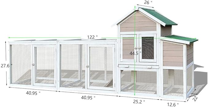 122" Large Chicken Coop with Nesting Box and Run, Outdoor Wooden Poultry Cage with Waterproof Asphalt Roof, Pull-Out Tray, and Ramp, Hen House for 3–6 Chickens, Grey