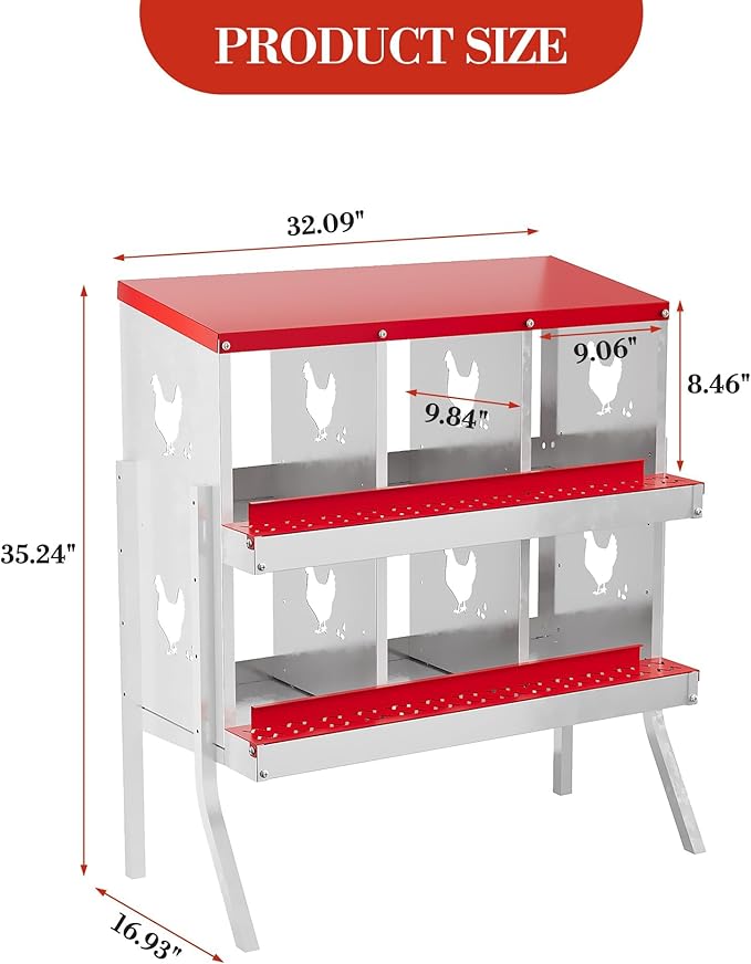 6 Holes Chicken Nesting Boxes, Nesting Boxes for Chickens, Easy to Clean and Install, Chicken Laying Box for Outdoor Chicken Coop Farm Yard, with Metal Legs, Red