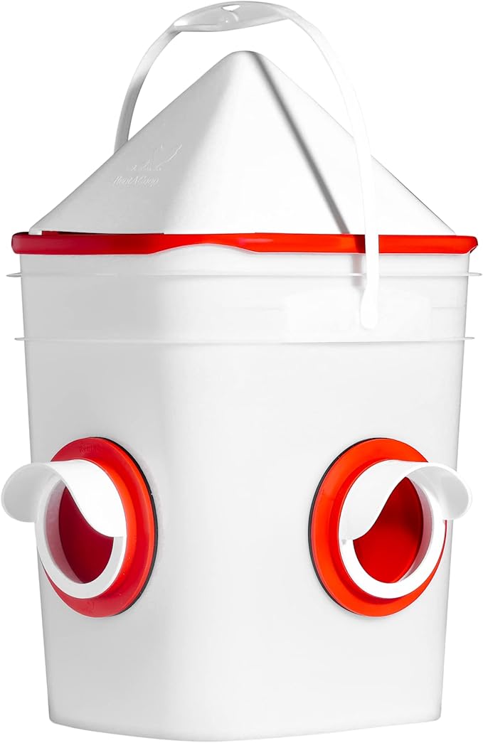 RentACoop 20lb BPA-Free Chicken Feeder with Large Ports - Includes Lid, Anti-Roost Cone, Ports, Rain Hoods - Suitable for Chickens - Corner Placement