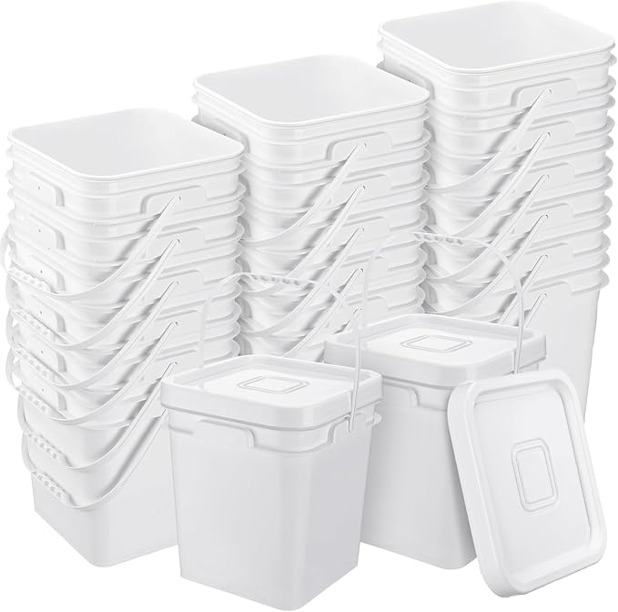 Hushee 12 Pack 4 Gallon Square Bucket White Food Grade Bucket with Handles and Lid Square Plastic Heavy Duty Container Storage Food Storage Pail for Packaging Sealing Dry Camping Fishing