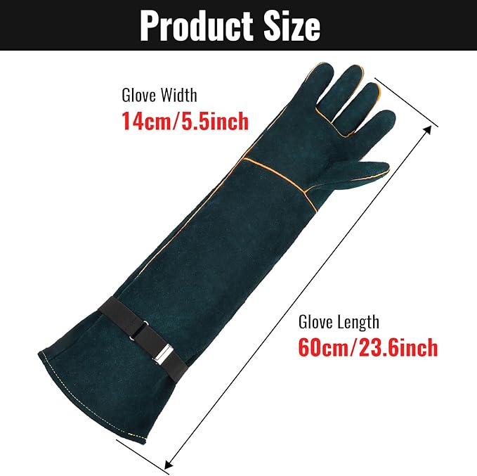 Animal Handling Gloves - 23.6 inch Bite Proof Gloves, Anti Scratch Cowhide Leather for Cat Grooming, Snake Animal Handling