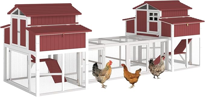 230.72" L 2-Story Chicken Coop with Extra Run Cage,Chicken House Hen House with 4 Large Nesting Boxes,Expandable Poultry Cage for 8-12 Chicken with 12 Perching Bars,Pull-Out Tray,Ramps(RED)