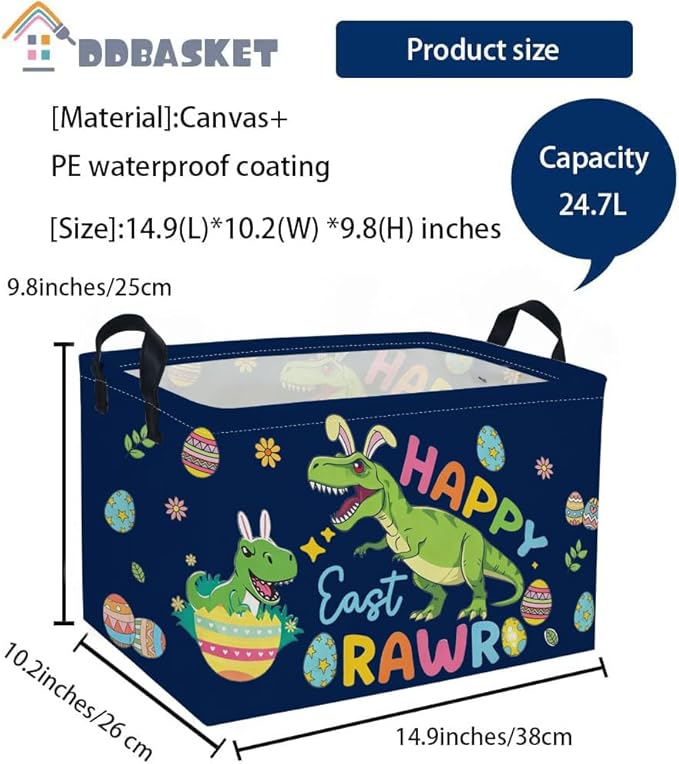 Rectangle Easter Dinosaur Baskets Kids Baskets Cute Storage Bin Organizer Box for Room Decor Gift Basket(Easter dinosaur)
