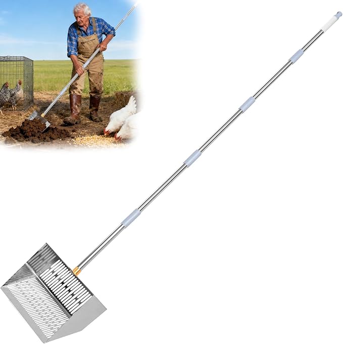 Chicken Coop Poop Scooper - 10" Wide Heavy Duty Metal Chicken Poop Scoop, 5-Level Adjustable Stainless Steel Handle (32" to 75"), 5-in-1 Multifunctional Litter Sifter for Coops