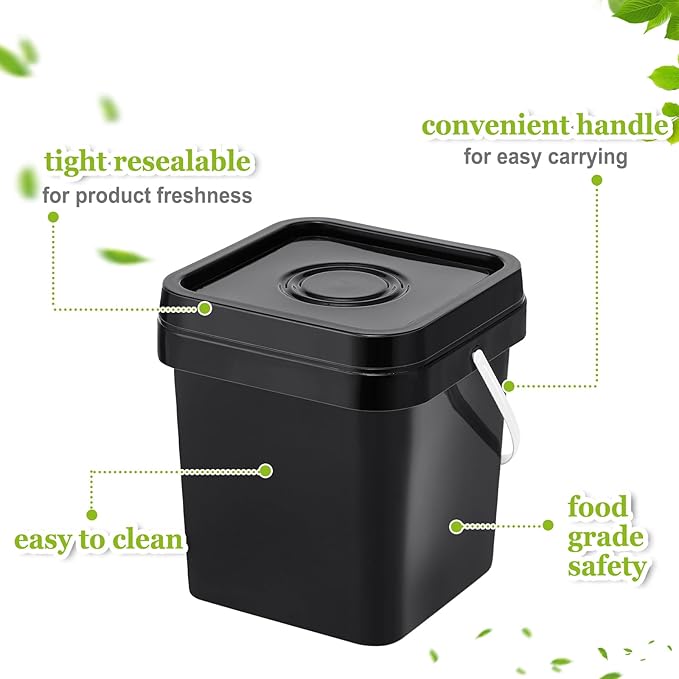 Suzile 10 Pcs Food Grade Square Bucket with Lid 1 Gallon Plastic Bucket 4.5L Utility Industrial Pail with Handle Container for Food Oil Tub Water Fishing Paint House Cleaning Car Washing (Black)