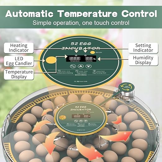 52 Egg Incubator with Automatic Egg Turning and Humidity Display, Incubators for Hatching Eggs, Chicken, Ducks, Goose, Pigeon, Quail, Parrot Incubator for Farm, Lab