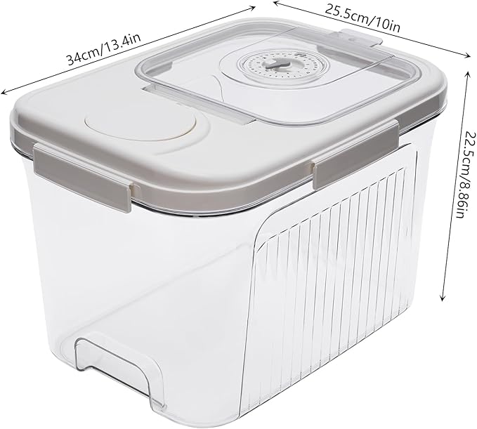 11lb Large Capacity Rice Bucket, Food Containers, Plastic Grain Storage Container with Lid and Timer, Food Storage Bins Airtight Kitchen Storage Containers (White, 13.4 * 10 * 8.86in)