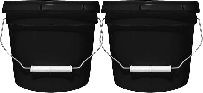 2-Gallon Bucket with Airtight Lid – Made in USA, Food Grade BPA Free Plastic, Heavy Duty Multi-Use, Metal Handle with Grip, Stackable Storage – Black, 2 Pack