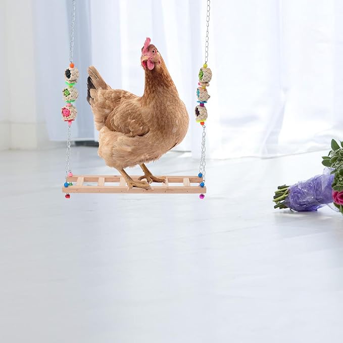 TOYANDONA Pet Chicken Swing with Wooden Climbing Ladder Rooster Standing Rack Natural Wood Hanging Perch for Cage Activity and Hen Play Random Color