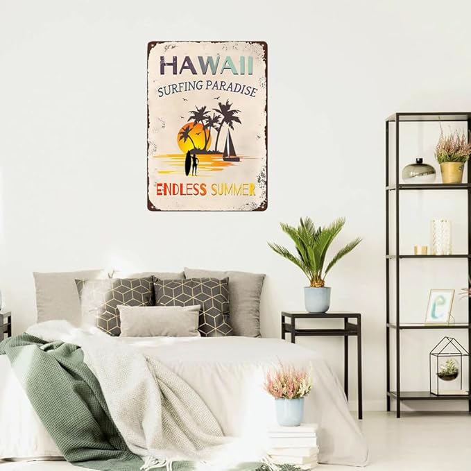 Hawaii Surfing Paradise Endless Summer Vintage Metal Sign,Summer Beach Decor Rustic Tin Signs Metal Poster for Garden Home Farm Bars Cafes Indoor Outdoor Decor 8x12 Inches