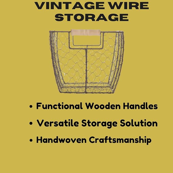SEDLAV Rustic Farmhouse Brown Wire Basket with Wooden Handles - Vintage Chicken Wire Storage, Kitchen Organizer, Decorative Handwoven Bin for Eggs, Country Style Home Decor