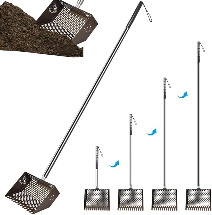 Heavy Duty Chicken Coop Rake and Scoop, 15 Inch Extra Large Chicken Coop Rake with Adjustable Stainless Steel Handle (25 to 73 Inch)，Metal Multi-Use Cleaning Shovel for Coops, Beach（Brown）