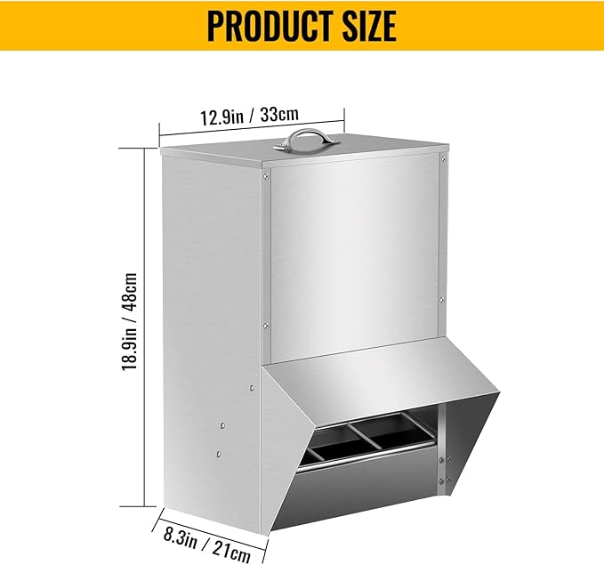 Galvanized Chicken Feeder 30lbs Capacity, Weatherproof Steel Poultry Feeders No Waste, Rat Proof Hanging Chicken Feeder with Lid, Outdoor Coop Food Dispenser for Chicken and Rabbits, Silver