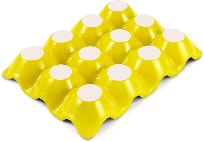 Flexzion Yellow Ceramic Egg Tray - Dozen Egg Cup Holders, Elegant Design, Microwave and Dishwasher Safe