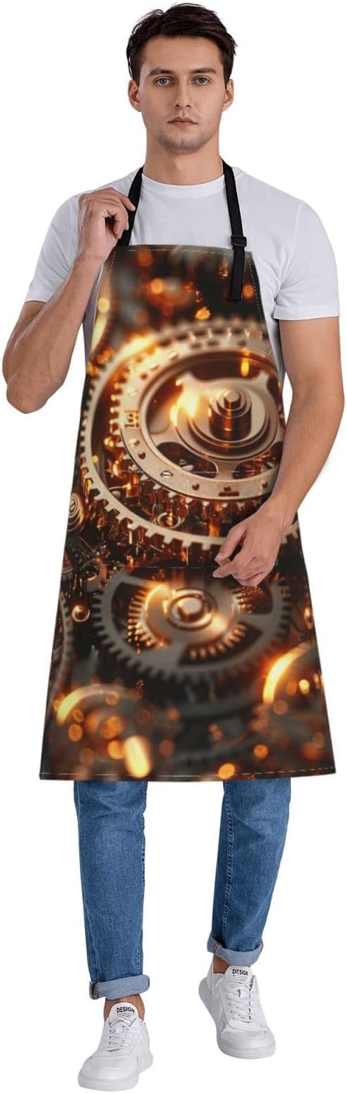 Kitchen Aprons for Men Women Waterproof Apron with 2 Pockets Cool Steampunk Gears Apron Adjustable Bib Aprons