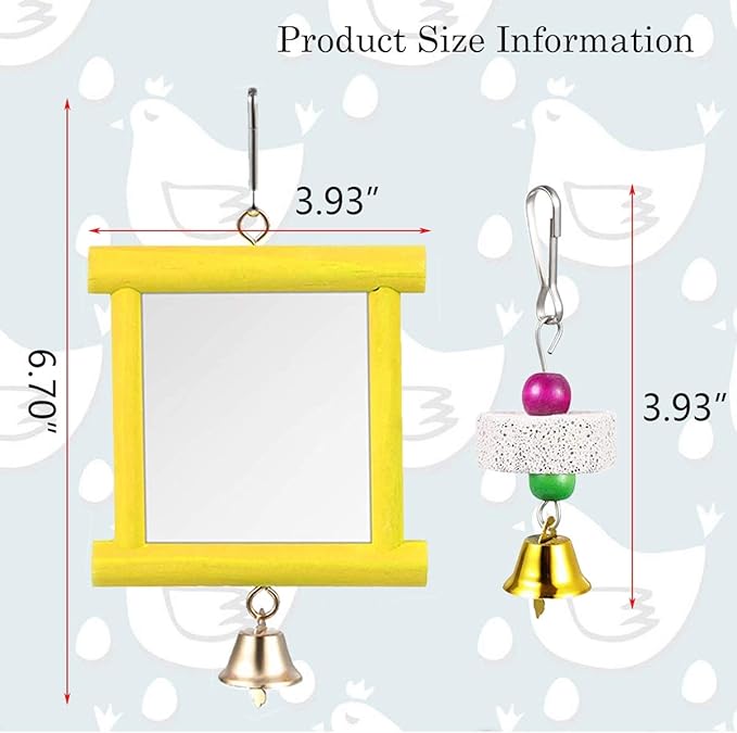 Vehomy 2Pcs Chicken Mirror Toys for Hens Hanging Swing Mirror Toys with Bells and Beak Grinding Molar Stones for Roosters Hens Birds Parrots (Yellow and Red)