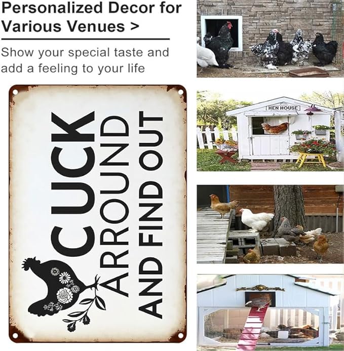 Funny Chicken Gifts Chicken Cluck Around and Find Out Tin Sign for Home Farm Chicken Coop Farmhouse Kitchen Garden Decor 8 X 12 Inch