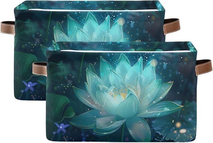 JIPONI Glowing Lotus Fabric Storage Bins for Shelves, Decorative Storage baskets for organizing, Closet Organizer with Handle for Cloth, Toys, Bedrooms, Farmhouse