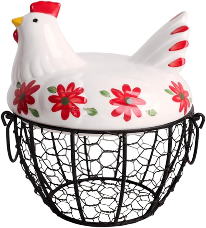 Kitchen Storage Metal Wire Egg Basket with Ceramic Farm Chicken Cover Fresh Egg Holder/Organizer Case/Container