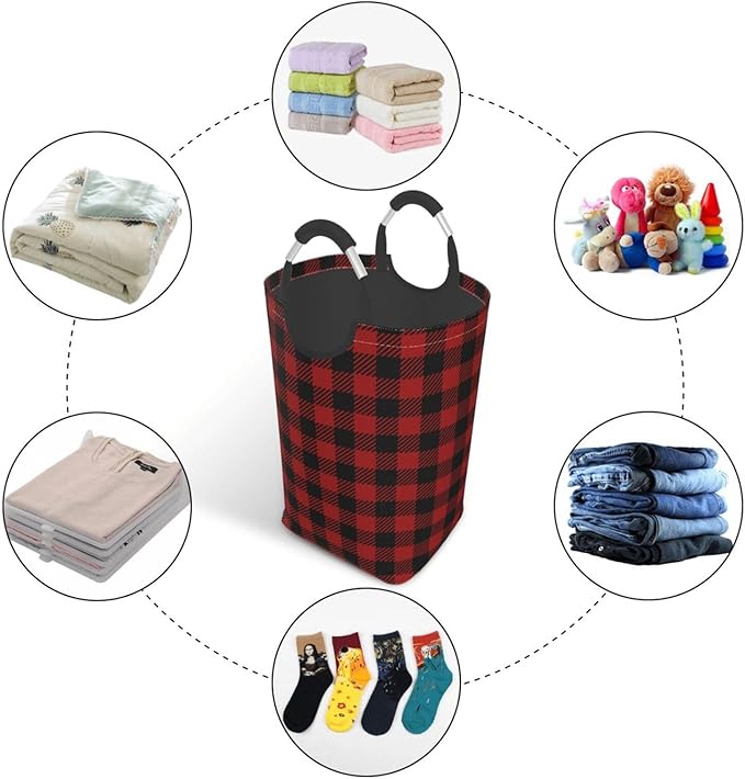 Red Buffalo Plaid Laundry Basket Red Black Checkered Foldable Laundry Hamper Vintage Collapsible Laundry Baskets with Handles Clothes Hamper Laundry Tote Bag for Dorm Family Storage Bin 50L