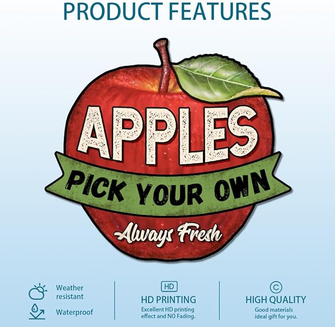 GLOBLELAND Vintage Metal Apple Shape Tin Sign 10.6x9.6inch "Apples Always Fresh Pick Your Own" Retro Plaque Poster Metal Wall Decorative Tin Signs for Home Kitchen Restaurant Coffee Shop Club Bar