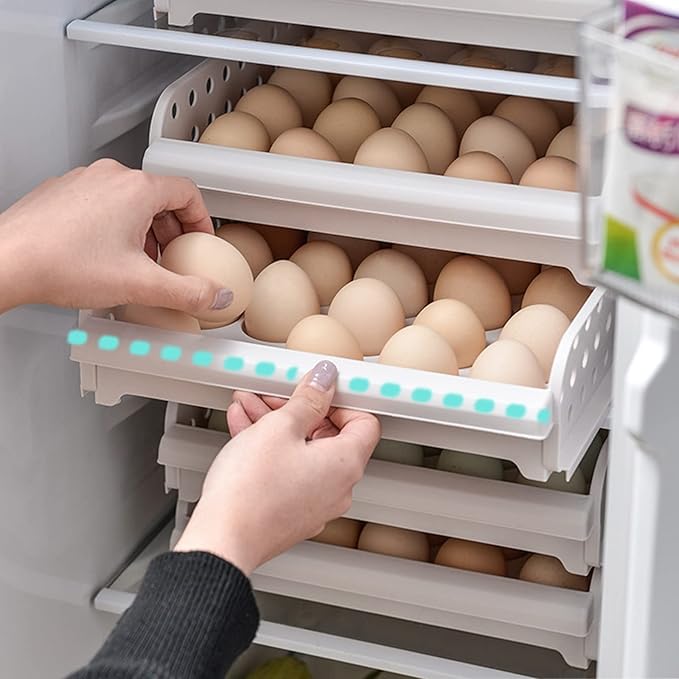 DEAYOU 60 Egg Drawer for Refrigerator, 2-Layer Stackable Egg Holder Storage Container for Countertop, Large Capacity Plastic Fresh Egg Tray Dispenser Organizer Keeper with Handle for Kitchen