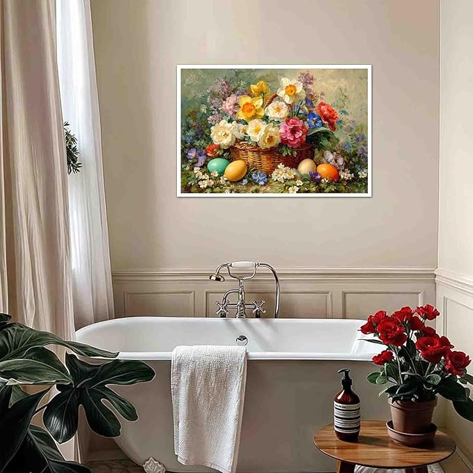 MNFGMH Easter Pictures Wall Decor Flower Baskets and Easter Eggs Spring Botanical Canvas Art Easter Pictures for Wall Farmhouse Style Artwork Canvas Roll 24x36 inch