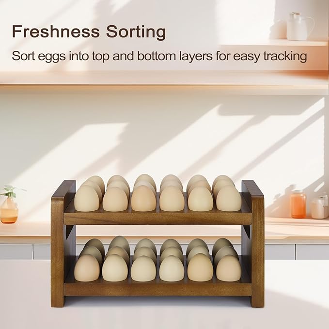 Egg Holder Countertop, 2-Tier Wooden Egg Holder for 36 Eggs, Wooden Countertop with Carry Handle for Chicken, Duck, and Quail Eggs