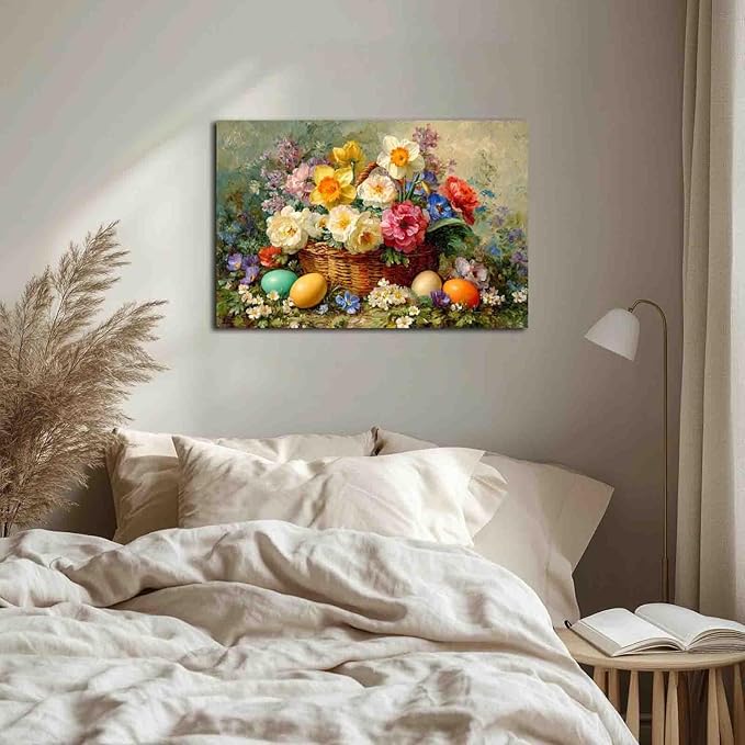 MNFGMH Easter Pictures Wall Decor Flower Baskets and Easter Eggs Spring Botanical Canvas Art Easter Pictures for Wall Farmhouse Style Artwork Wooden Frame 12x18 inch