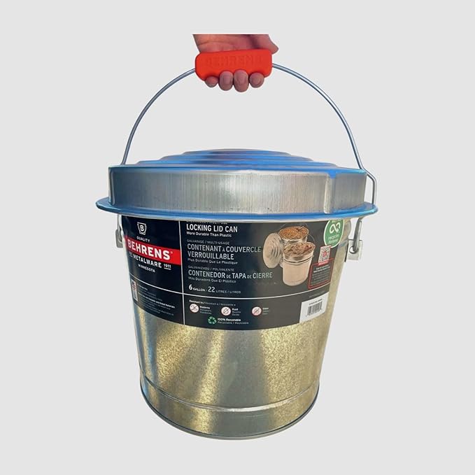Behrens 6 Gallon Galvanized Steel Storage Can or Waste Bin w/Locking Lid & Handle (1 can, 1 Orange Grip)