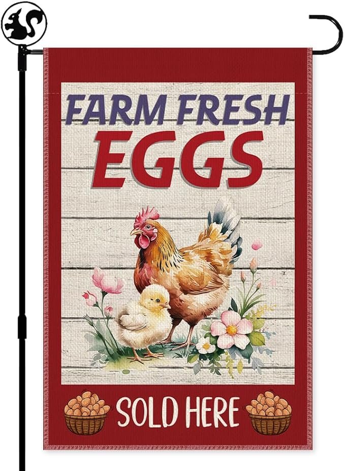 Farm Fresh Eggs Slod Here Garden Flag, Double Sided Farmhouse Chicken Coop Outdoor Decor Yard Flag Gifts, Welcome to the Farm Flags for Chickens Lover, Funny Chicken Sign Business Supplies