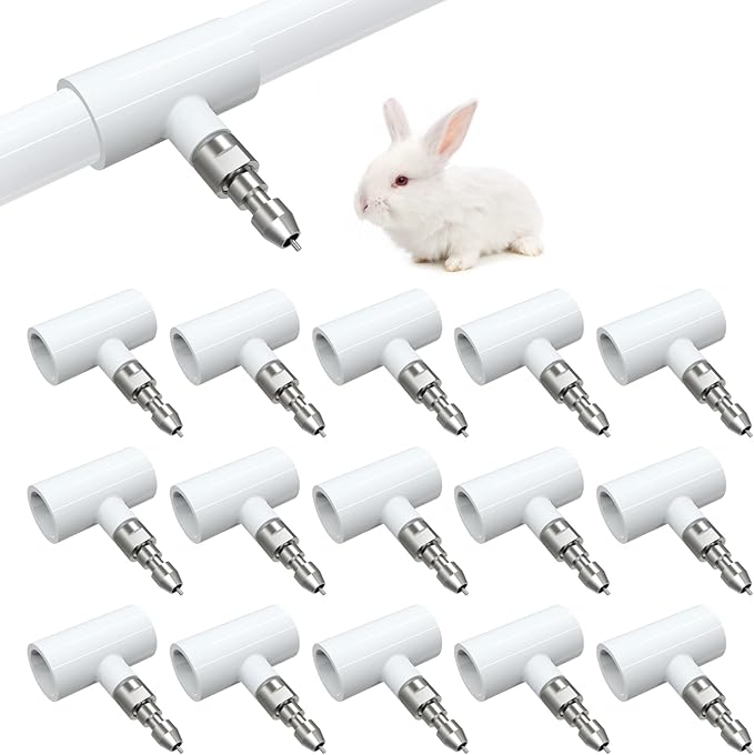 15pcs Stainless Steel Rabbit Water Nipples Automatic PVC Tees Rodent Waterering System (White, 15)