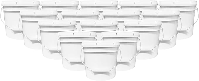 1-Gallon Bucket with Airtight Lid – Made in USA, Food Grade BPA Free Plastic, Heavy Duty Multi-Use, Metal Handle with Grip, Stackable Storage – White, 15 Pack