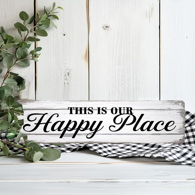 Rustic Room Decorative Sign - ''This Is Our Happy Place'' Metal Sign, 16x4 Inch - Farmhouse Art Sign For Home, Office, Restroom, Bar or Cafe Wall Decor, Space Decor