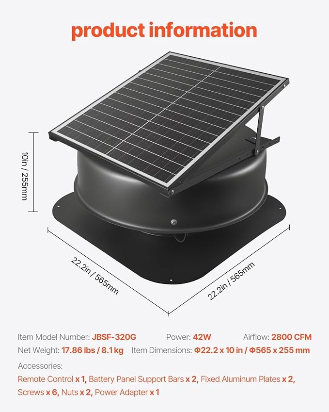 VEVOR 42W Solar Attic Fan, 2800 CFM Smart Roof Vent Built-in Temperature Sensors with Remote Control, Low-Noise & Weatherproof for Attic, Garage, RV Ventilation