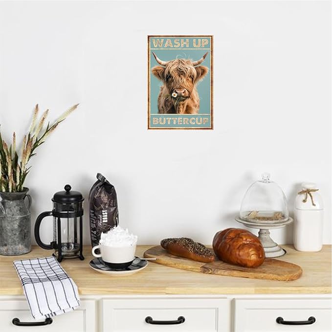 Metal Signs Wash Up Buttercup Highland Cow Vintage Tin Sign for Home Office Kitchen Bar Cafe Garden Bathroom Wall Decor 12x8 Inch
