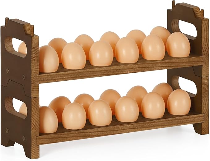 Wooden Egg Holder Countertop Fresh Chicken Egg Holders Storage for Gathering Fresh Eggs, 2-Tier Stackable with 24 Eggs, Farmhouse Home Eggs Rack Organizer Decoration