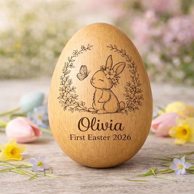 Personalized Wooden Easter Egg – Custom Engraved Bunny Name Egg, Baby First Easter Keepsake Gift, Rustic Wood Bunny Decor, Cute Basket Stuffer for Kids, Spring Holiday Gift for Baby Boy Girl/6