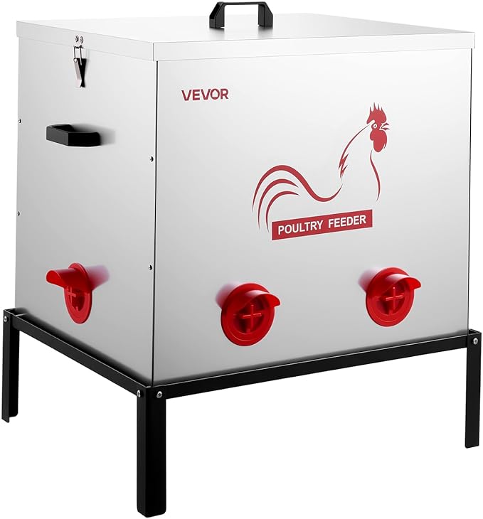 VEVOR Automatic Chicken Feeder, 85 lbs Capacity, 6 Feeding Ports No-Waste Poultry Feeder with Built-in Divider, with Latch & Handle, Metal Construction, for Chickens Bantams Pheasants Poultry Coop