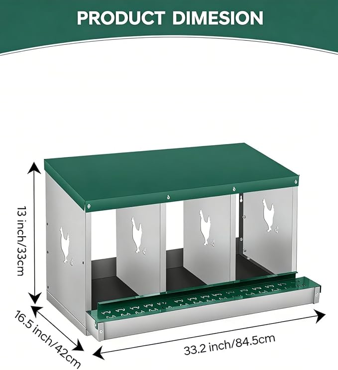 Nesting Boxes for Chickens, 3 Compartments, Nesting Boxes with 4 Dummy Eggs and 10 Dampproof Pets Mats, Green, Stainless Steel, Wall-Mountable & Roll Away Design