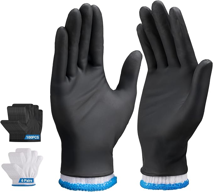 100 PCS Disposable Black Nitrile BBQ Gloves - 5 Mil Heavy Duty Power Latex Free for Cooking, Grilling, Serving, Barber, Butcher, Chef, with 6 Pairs Cotton Glove Liners, Medium