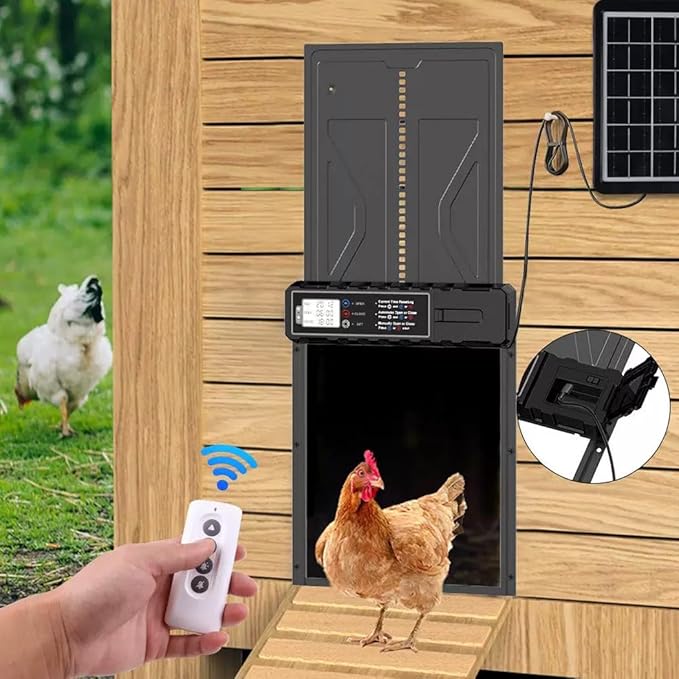 Automatic Chicken Coop Door Solar Powered,Aluminum Alloy Auto Door with Timer & Light Sensor, LCD Display, Solar Chicken Coop Door Anti-Pinch & Weatherproof, Vertical Sliding Door