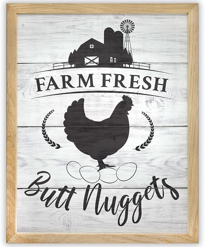 Farm Fresh Butt Nuggets - Farm Animal Chicken Coop 11x14 Framed Print, Funny Chicken Sign for Farmhouse Decor, Rustic Country Wall Art, Kitchen Decor, Farm Fresh Eggs Wall Art, Cottagecore Style