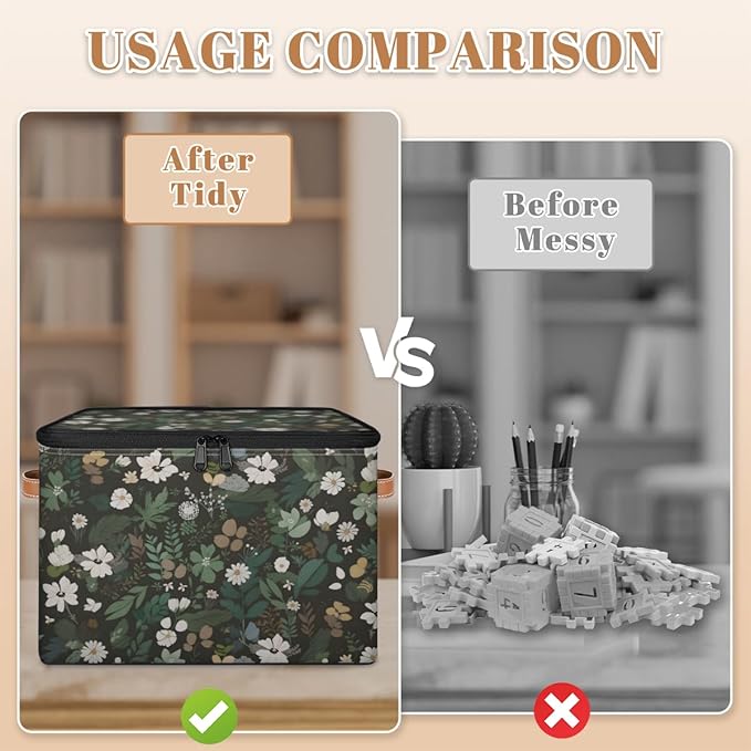 Boho Wildflowers Storage Bins with Lids, Sage Green Leaves Fabric Storage Boxes with Zipper, Collapsible Decorative Closet Organizer Cube for Clothes, Organizing, Shelves