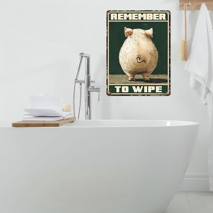 Vintage Pig Tin Sign Remember To Wipe Retro Wall Decor Nostalgic Art Funny Rustic Metal Poster Outdoor Store Cafe Poultry House Pubs Yard Bathroom Farm Farmhouse Toilet Restroom 12 * 16inch