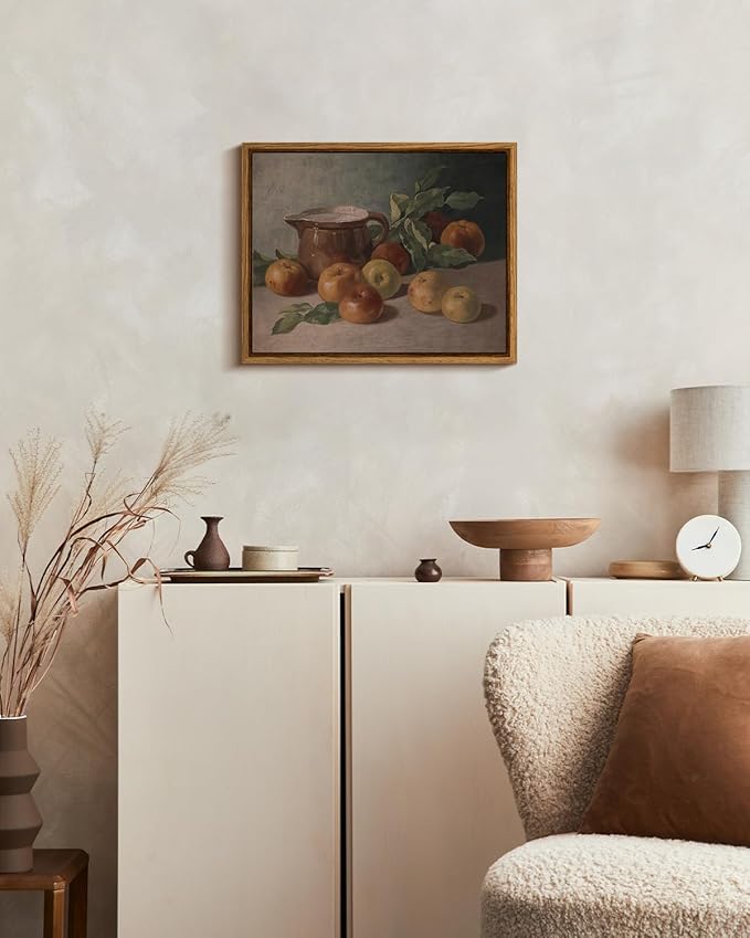 InSimSea Framed Canvas Wall Art Vintage Aesthetic Room Decor, Harvest Apples Still Life Oil Painting Artwork Abstract Wall Pictures Prints, Farmhouse Fruit Shelf Decor Bedroom Kitchen 8x10in