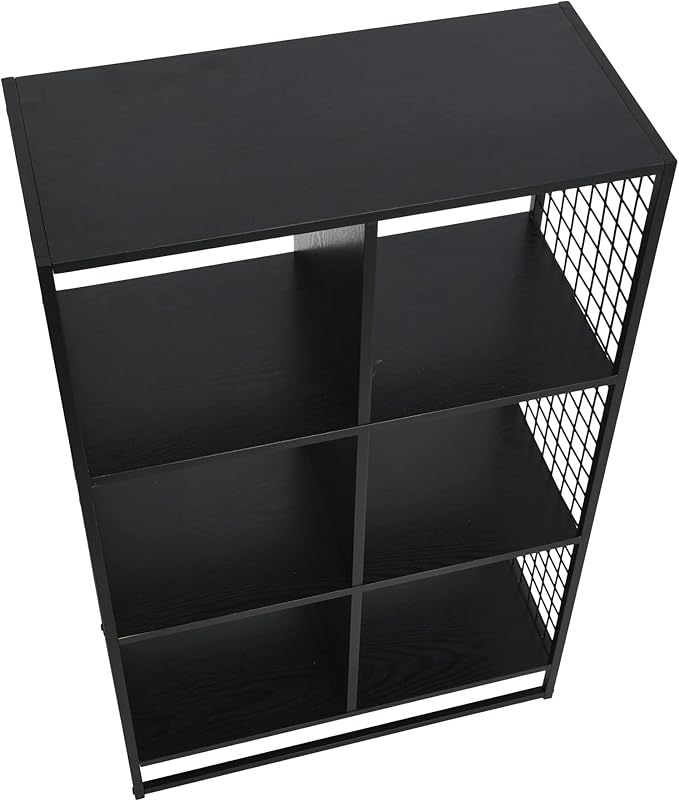 Household Essentials Trellis Open Storage Bookshelf with 6 Cube Compartments Black Oak Wood Grain and Black Metal