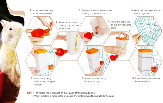 Automatic Waterer System Chick Feeder and Drinker Cups 1L Hanging Automatic Fill Poultry Watering Cup Used for Cages (Orange, 2)